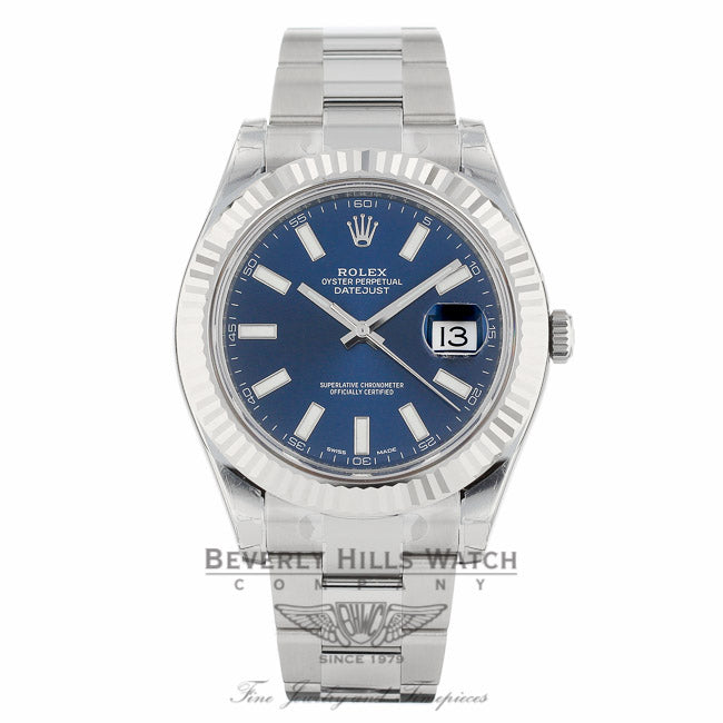 Rolex Datejust II 41mm Stainless Steel 18K White Gold Fluted Bezel Blue Dial 116334 - Beverly Hills Watch