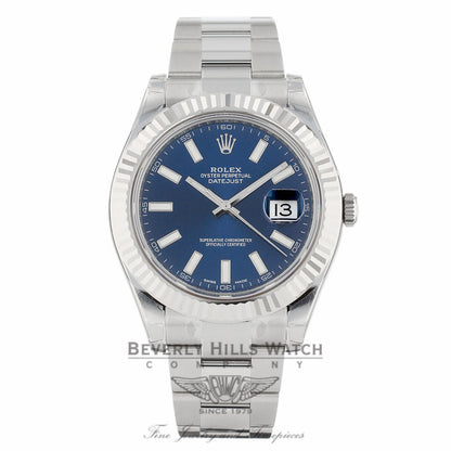 Rolex Datejust II 41mm Stainless Steel 18K White Gold Fluted Bezel Blue Dial 116334 - Beverly Hills Watch