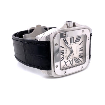 Cartier Santos 100 Large Stainless Steel Leather Strap W20073X8 MV1P1J - Beverly Hills Watch Company