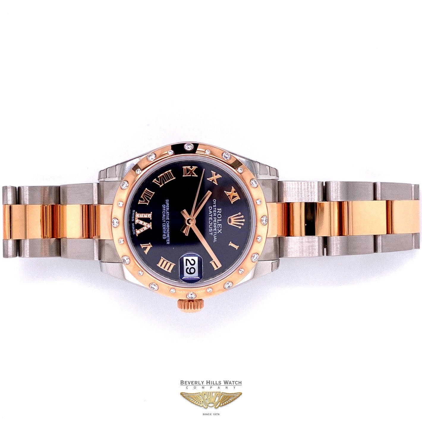 Rolex Datejust 31mm Rose Gold and Stainless 24 Diamond Bezel Purple Diamond Roman Dial 178341 FN4W0N - Beverly Hills Watch Company