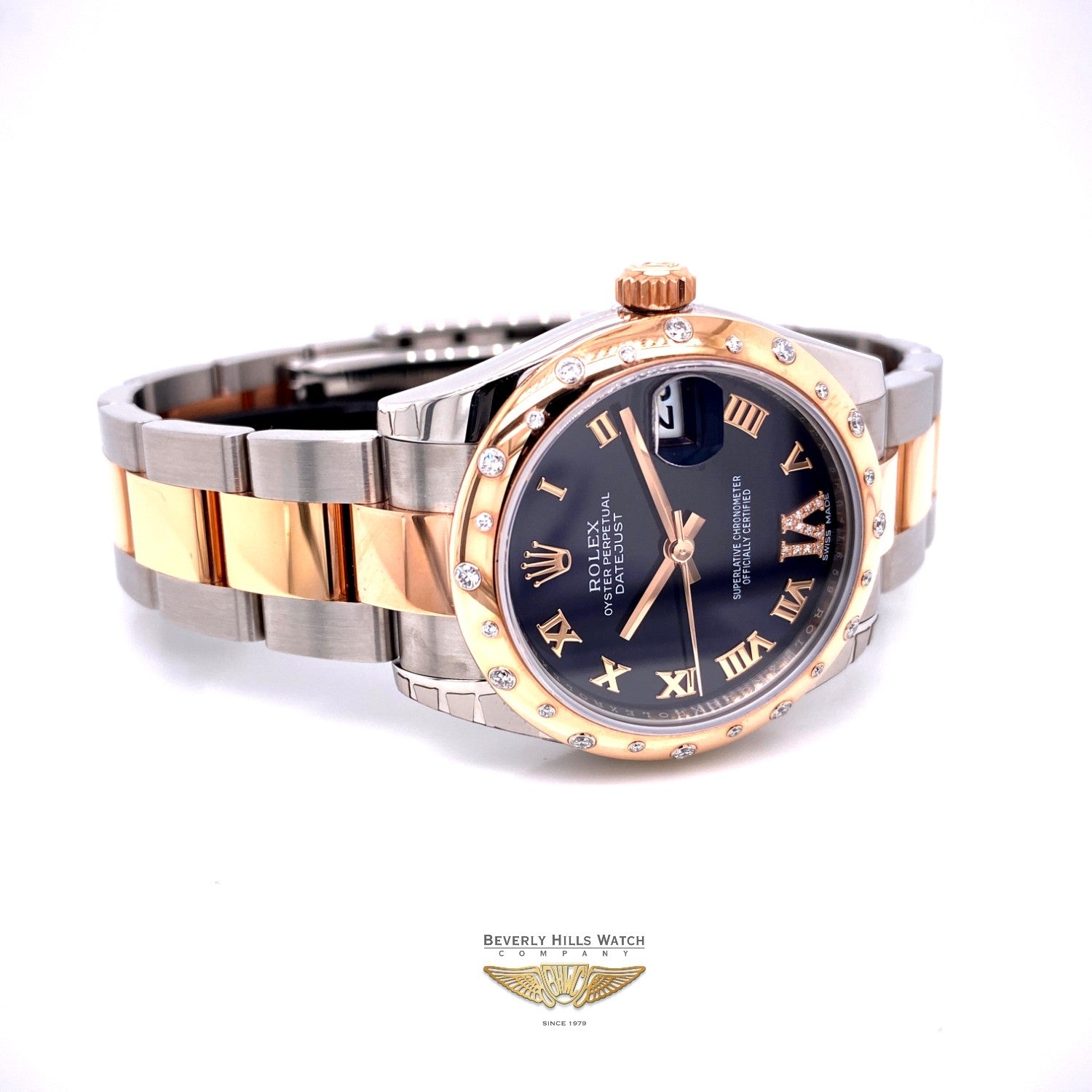 Rolex Datejust 31mm Rose Gold and Stainless 24 Diamond Bezel Purple Diamond Roman Dial 178341 FN4W0N - Beverly Hills Watch Company