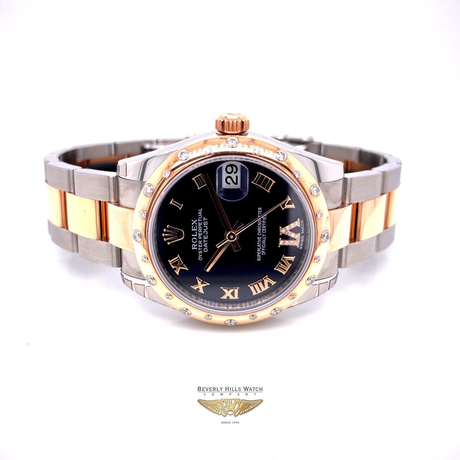 Rolex Datejust 31mm Rose Gold and Stainless 24 Diamond Bezel Purple Diamond Roman Dial 178341 FN4W0N - Beverly Hills Watch Company