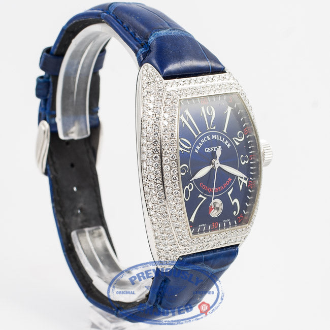 Franck Muller Conquistador White Gold Diamond Case Blue Dial Watch 80055SCD Beverly Hills Watch Company Watch Store