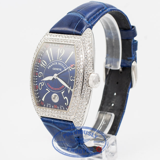 Franck Muller Conquistador White Gold Diamond Case Blue Dial Watch 80055SCD Beverly Hills Watch Company Watch Store