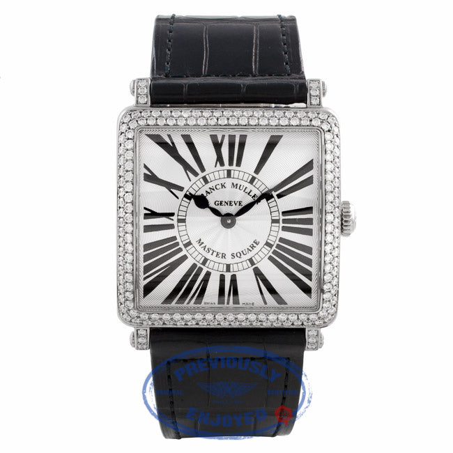 Franck Muller Master Square Medium Stainless Steel Diamond Bezel Black Alligator Strap 6002 M QZ D ARDE3W - Beverly Hills Watch Company Watch Store