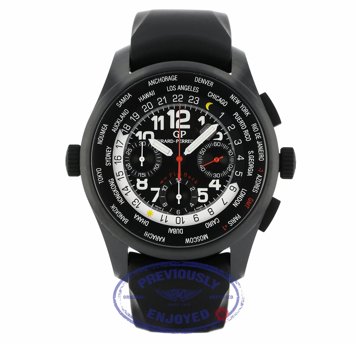 Girard Perregaux WW.TC Shadow Flyback Chronograph 43MM Ceramic Titanium Black Dial Black Rubber Strap 49820-32-611-FK6A 56E9EE - Beverly Hills Watch Company
