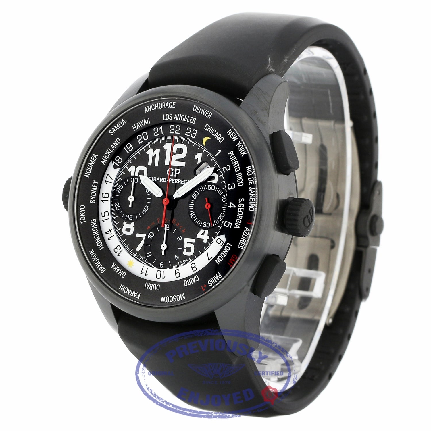 Girard Perregaux WW.TC Shadow Flyback Chronograph 43MM Ceramic Titanium Black Dial Black Rubber Strap 49820-32-611-FK6A 56E9EE - Beverly Hills Watch Company