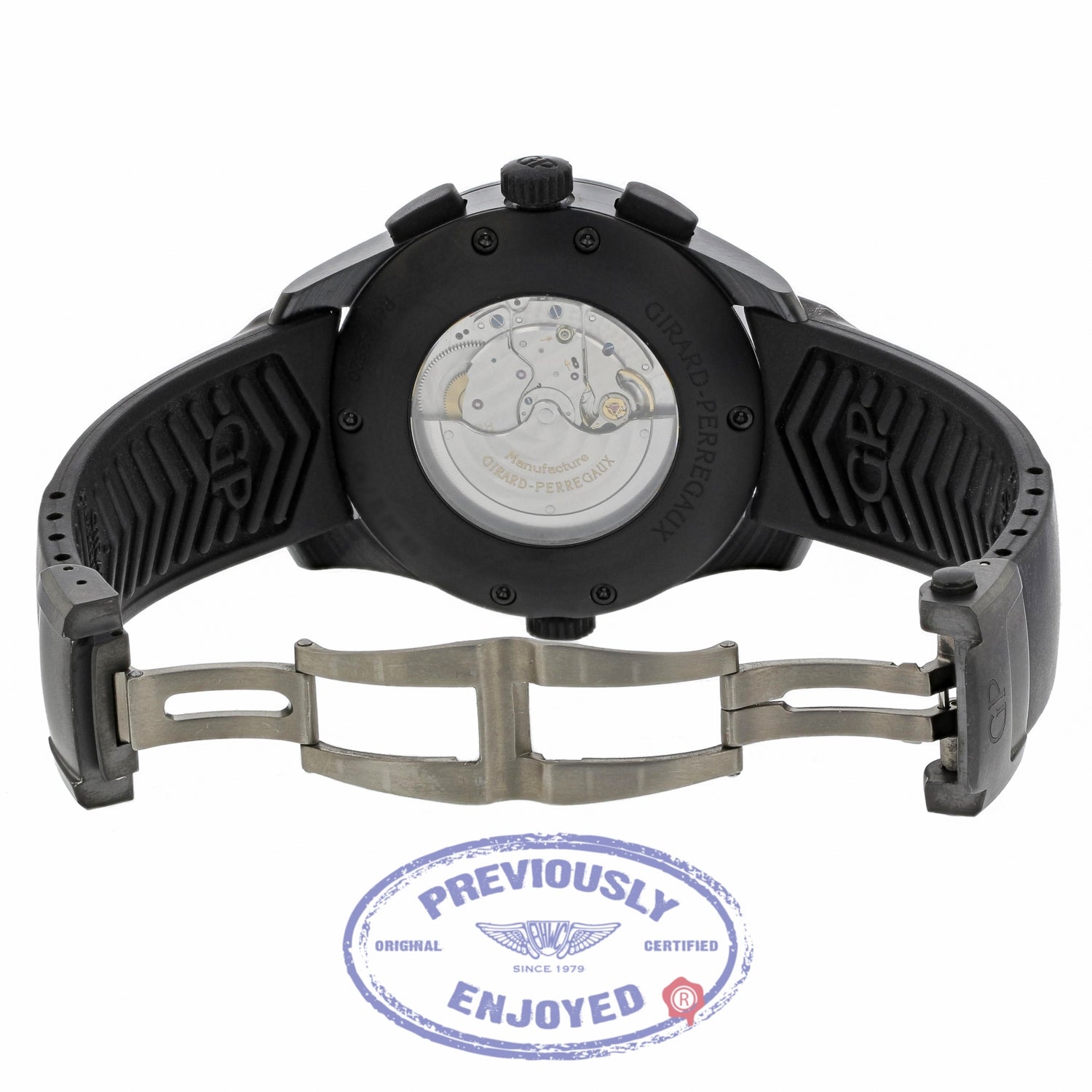 Girard Perregaux WW.TC Shadow Flyback Chronograph 43MM Ceramic Titanium Black Dial Black Rubber Strap 49820-32-611-FK6A 56E9EE - Beverly Hills Watch Company