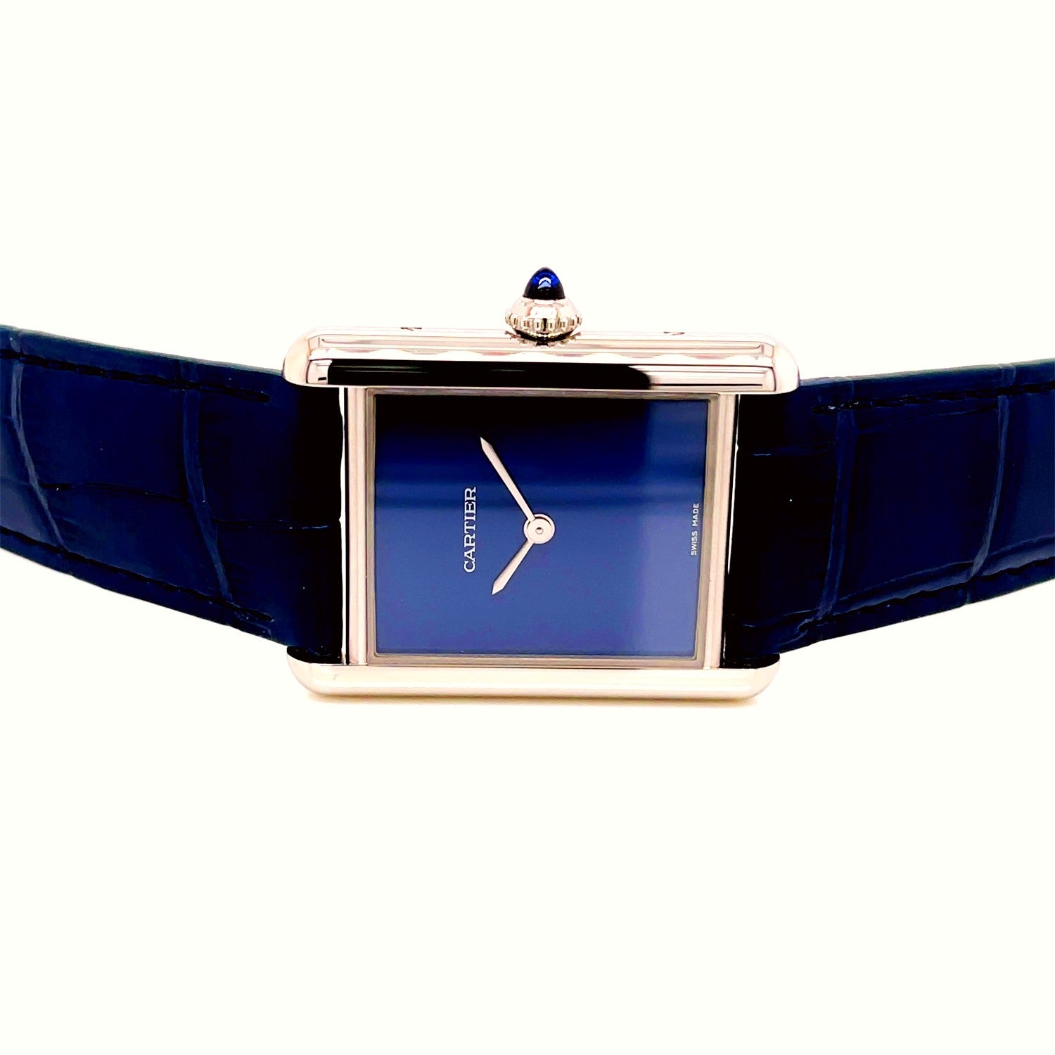 Cartier Must Tank Large Stainless Steel Blue WSTA0055 - Beverly Hills Watch Company