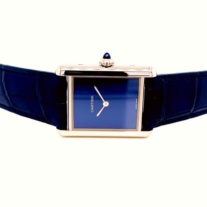 Cartier Must Tank Large Stainless Steel Blue WSTA0055 - Beverly Hills Watch Company