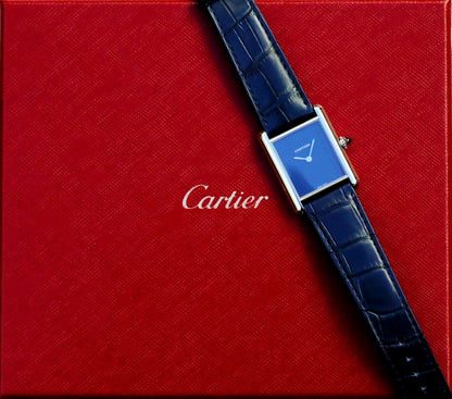 Cartier Must Tank Large Stainless Steel Blue WSTA0055 - Beverly Hills Watch Company