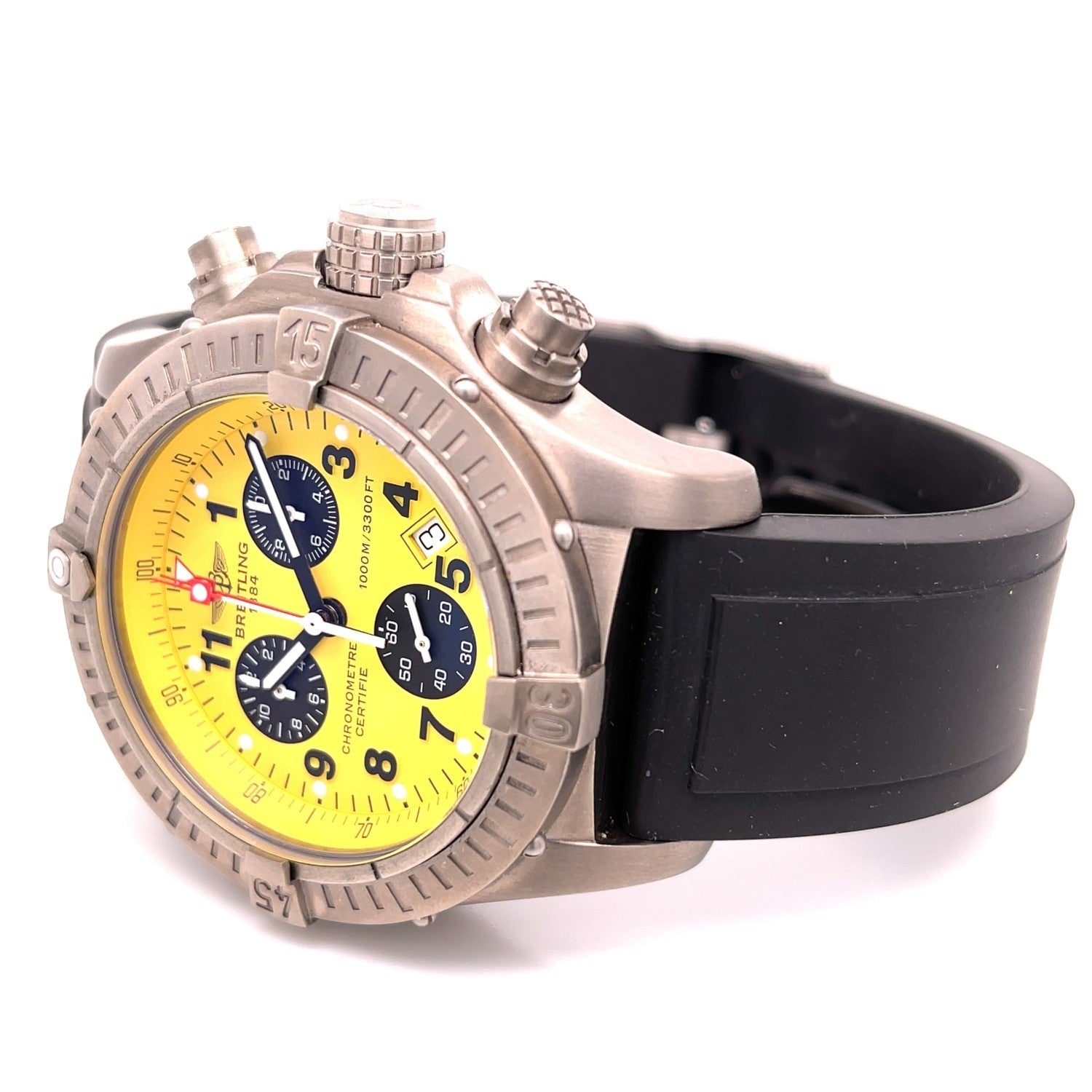 Breitling Avenger M1 Chronograph 44mm Titanium Yellow Dial E7336009/I503 H3Q98Z - Beverly Hills Watch Company