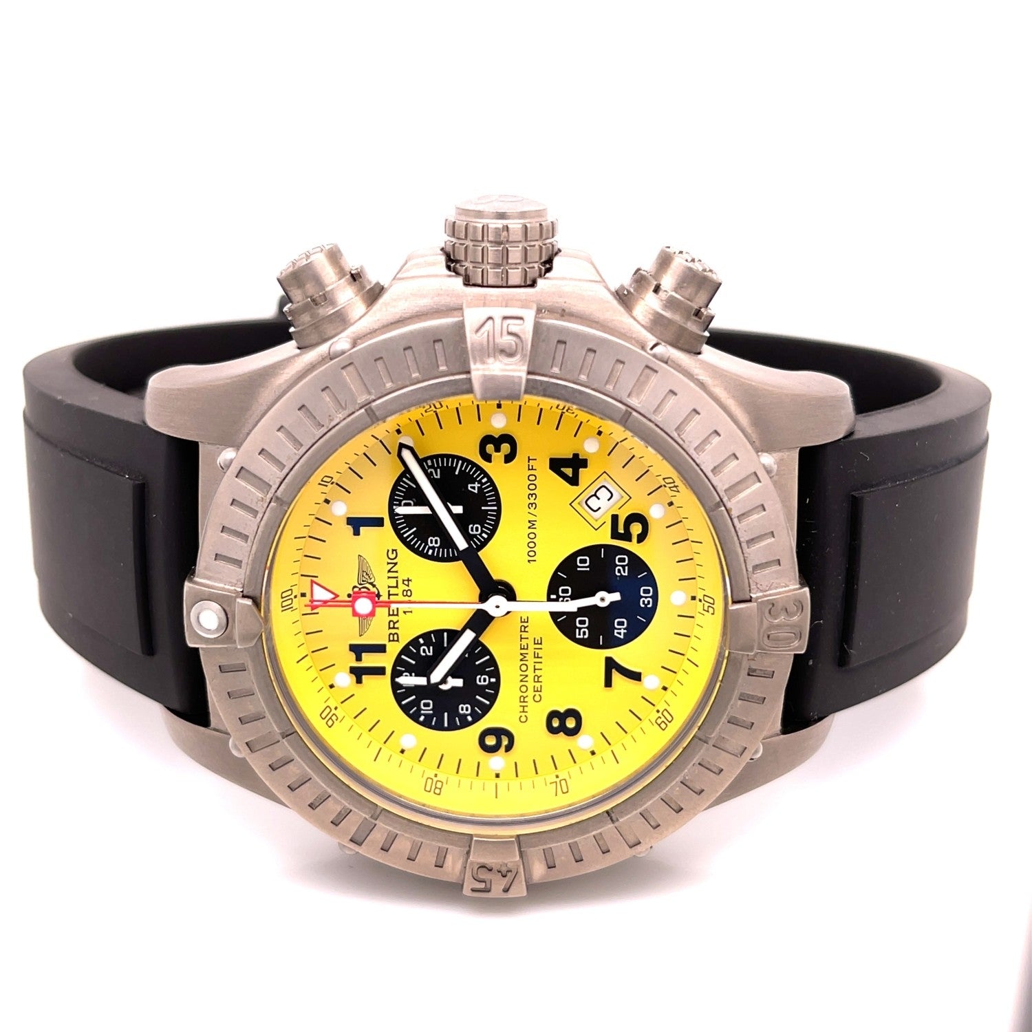 Breitling Avenger M1 Chronograph 44mm Titanium Yellow Dial E7336009/I503 H3Q98Z - Beverly Hills Watch Company