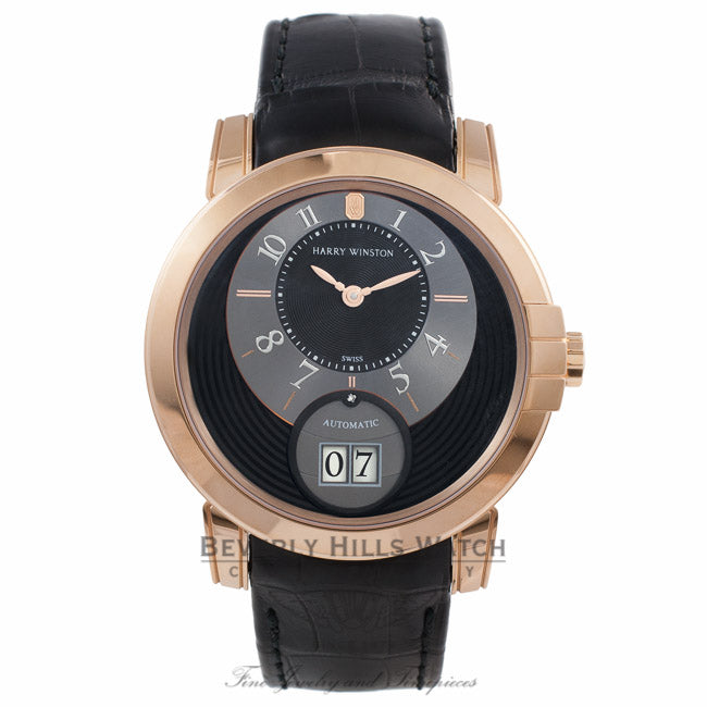 Harry Winston Midnight Big Date 42MM 18k Rose Gold Black Dial Alligator Strap MIDABD42RR002 95MLR9 - Beverly Hills Watch Company Watch Store