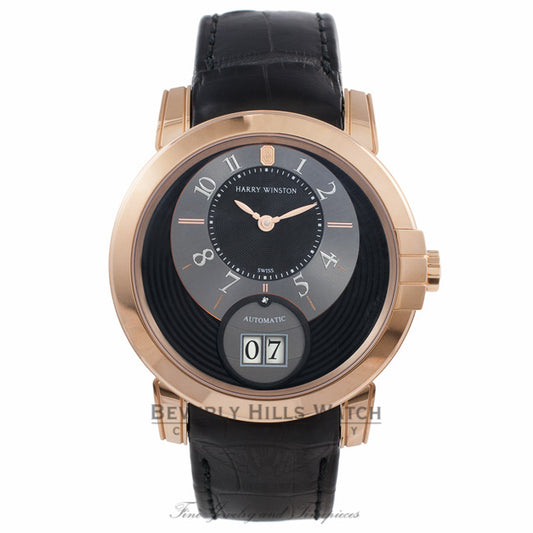 Harry Winston Midnight Big Date 42MM 18k Rose Gold Black Dial Alligator Strap MIDABD42RR002 95MLR9 - Beverly Hills Watch Company Watch Store