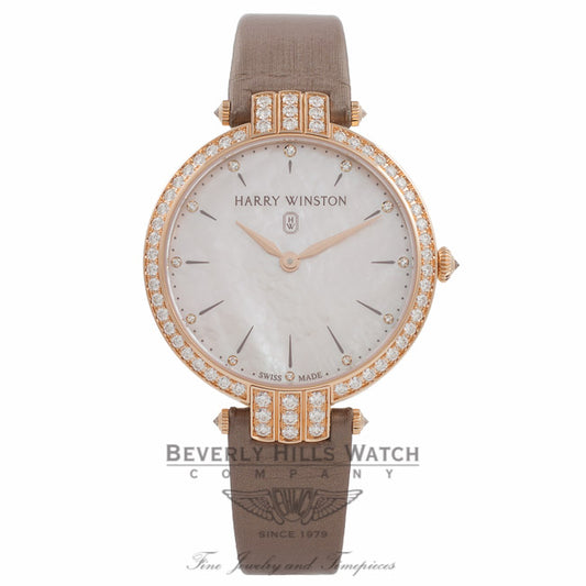 Harry Winston Premier 36MM Ladies 18k Rose Gold Diamond Bezel Mother of Pearl Diamond Markers Dial PRNQHM36RR001 4N1K5F - Beverly Hills Watch Company Watch Store