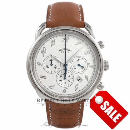 Hermes Arceau Chronograph Stainless Steel Silver Dial Leather Strap 038694WW00 MQK29M - Beverly Hills Watch Company Watch Store