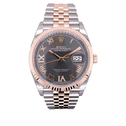 Rolex Datejust 36mm Steel and Everose Rhodium Roman Diamond Dial 126234 HLNH0Q - Beverly Hills Watch Company