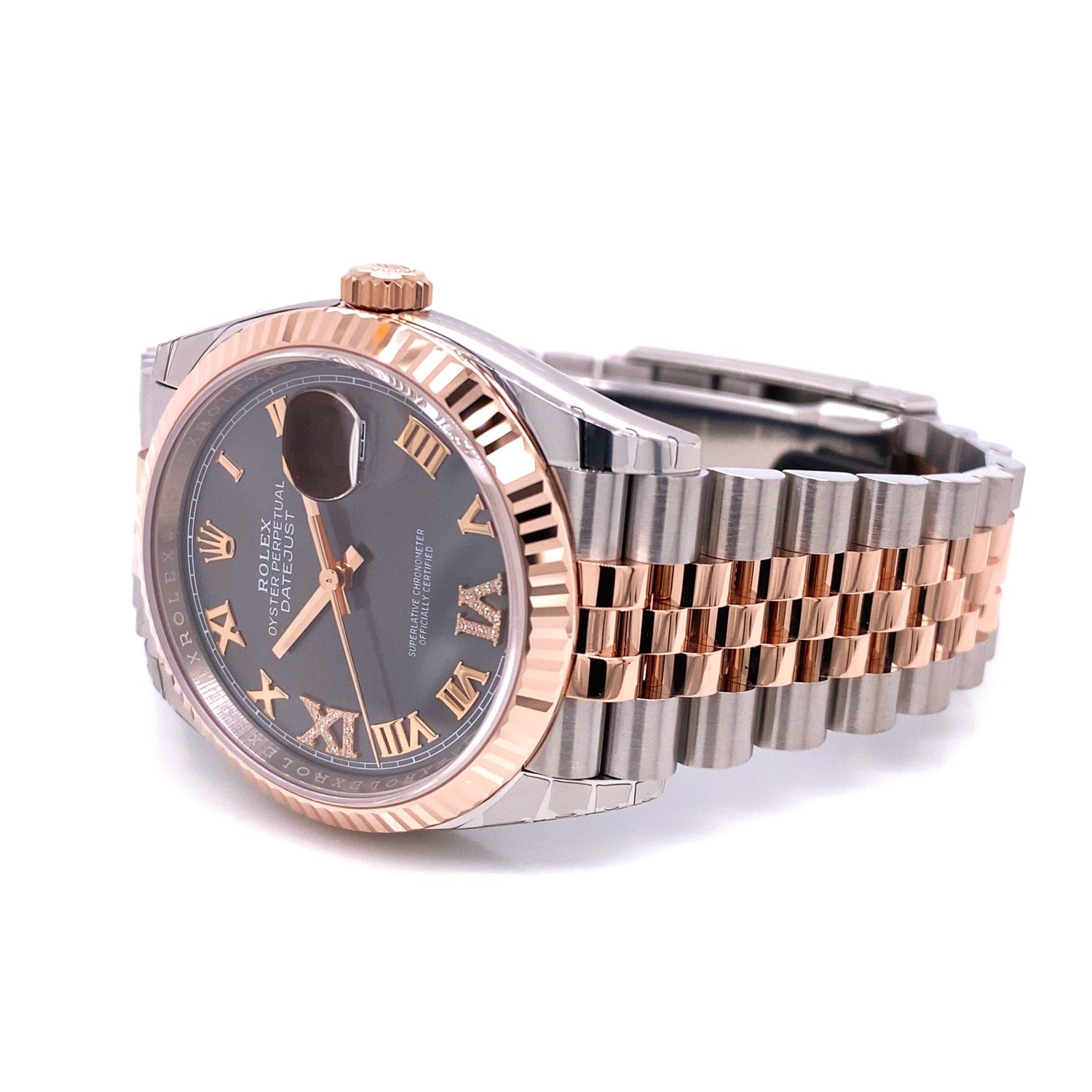 Rolex Datejust 36mm Steel and Everose Rhodium Roman Diamond Dial 126234 HLNH0Q - Beverly Hills Watch Company