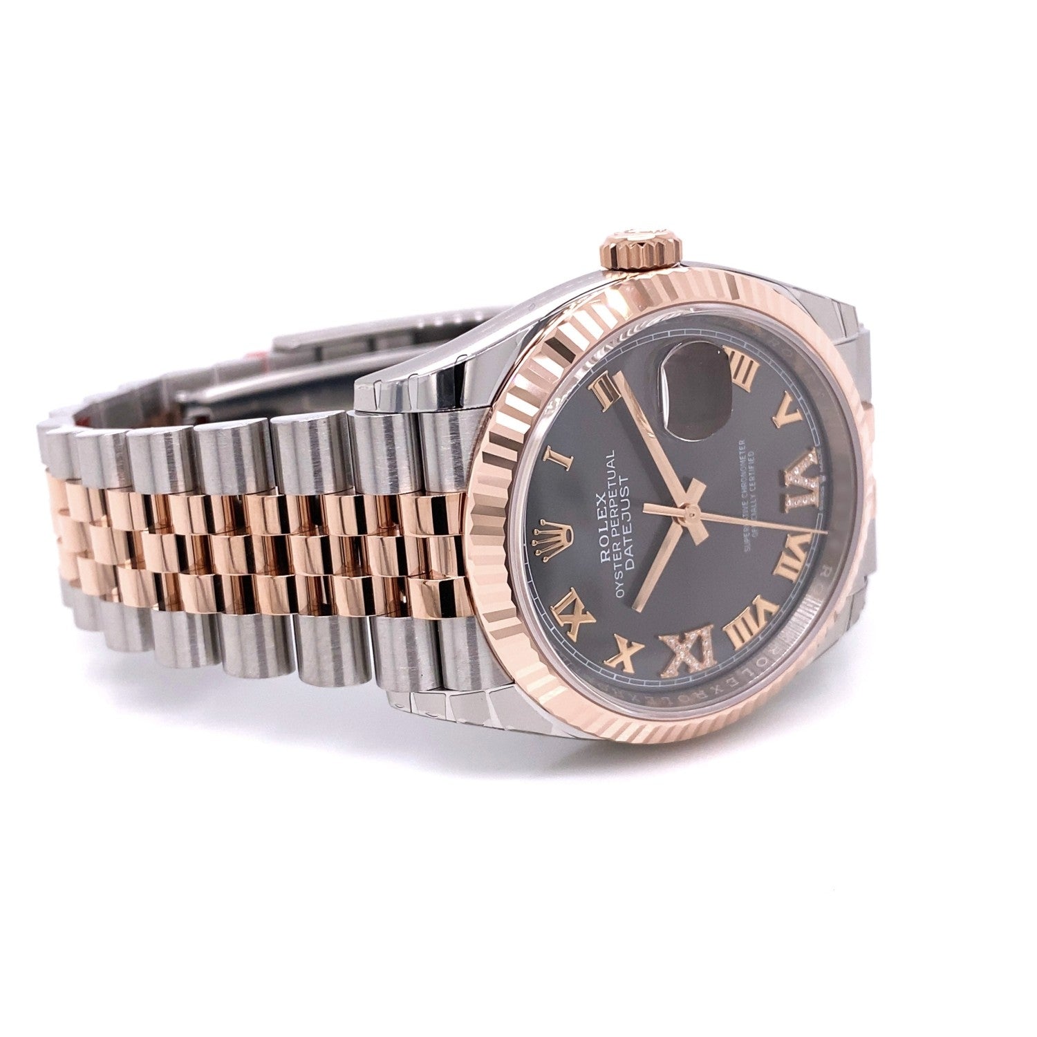 Rolex Datejust 36mm Steel and Everose Rhodium Roman Diamond Dial 126234 HLNH0Q - Beverly Hills Watch Company
