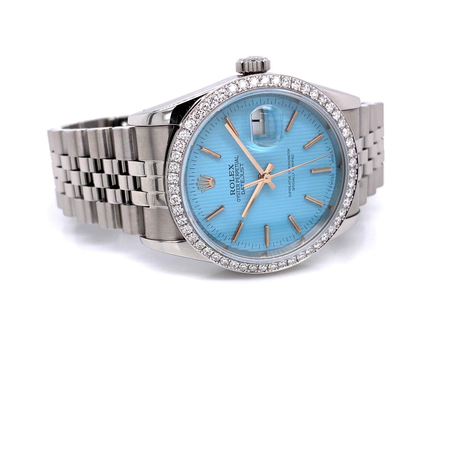 Rolex Datejust 36mm Customized Diamond Bezel and Tiffany Blue Dial 16220 HMJASE - Beverly Hills Watch Company