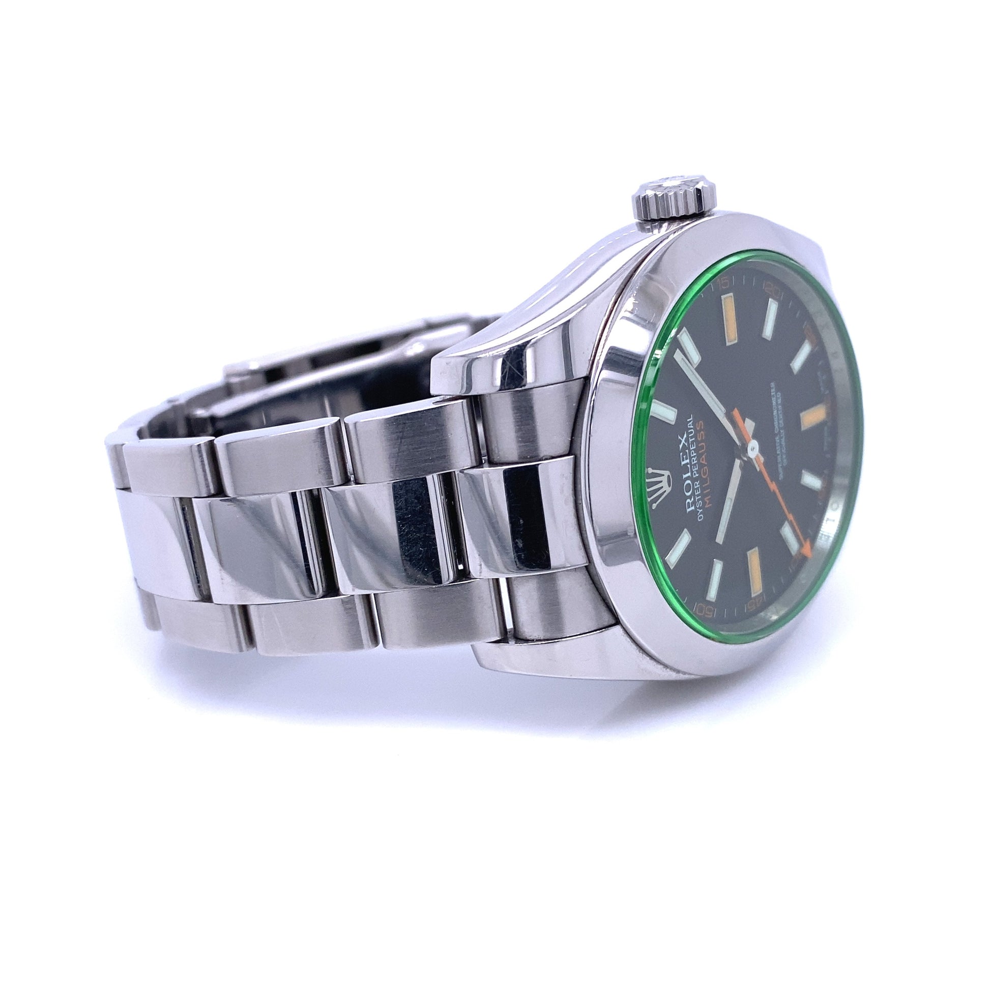 Rolex Milgauss 40mm Green Crystal Stainless Steel Black Dial 116400 - Beverly Hills Watch Company
