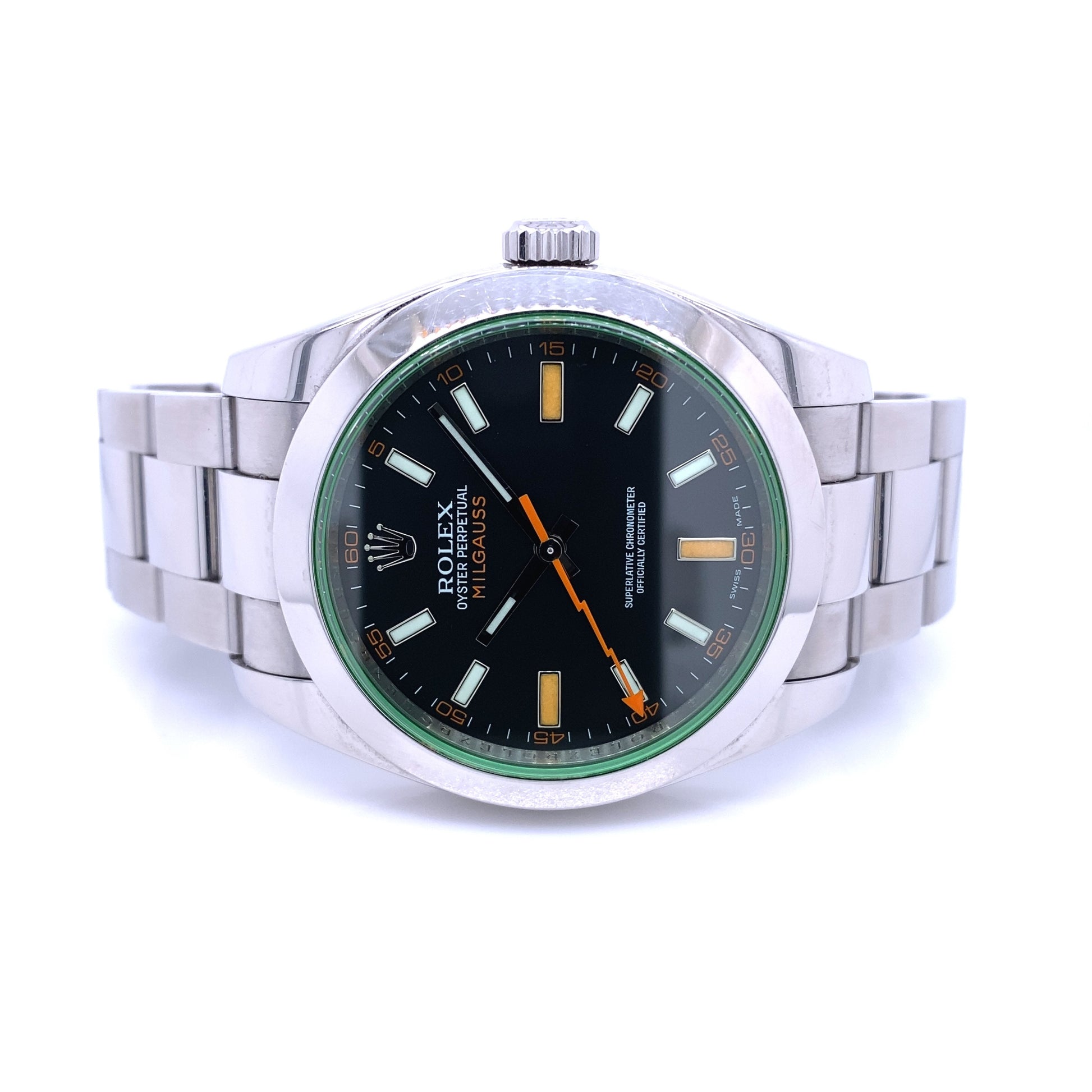 Rolex Milgauss 40mm Green Crystal Stainless Steel Black Dial 116400 - Beverly Hills Watch Company