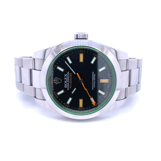 Rolex Milgauss 40mm Green Crystal Stainless Steel Black Dial 116400 - Beverly Hills Watch Company