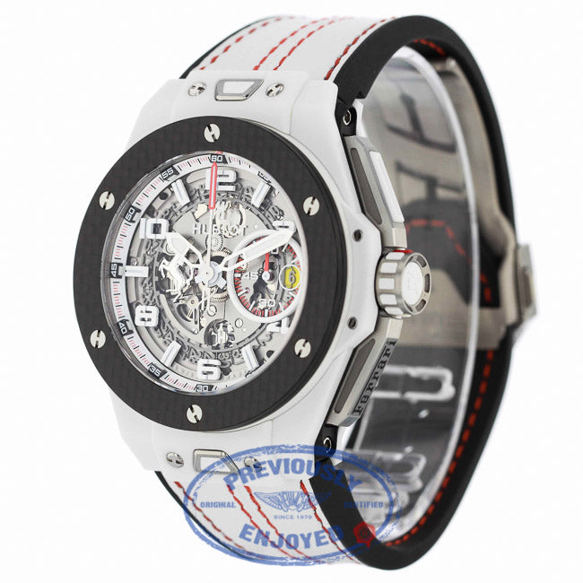 Hublot Big Bang Ferrari Chronograph 45MM Automatic Ceramic Skeleton Dial White Leather Strap 401.HQ.0121.VR 12W6MQ - Beverly Hills Watch Company