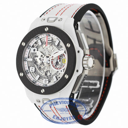 Hublot Big Bang Ferrari Chronograph 45MM Automatic Ceramic Skeleton Dial White Leather Strap 401.HQ.0121.VR 12W6MQ - Beverly Hills Watch Company