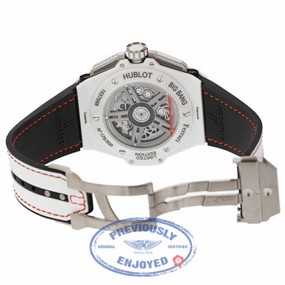 Hublot Big Bang Ferrari Chronograph 45MM Automatic Ceramic Skeleton Dial White Leather Strap 401.HQ.0121.VR 12W6MQ - Beverly Hills Watch Company