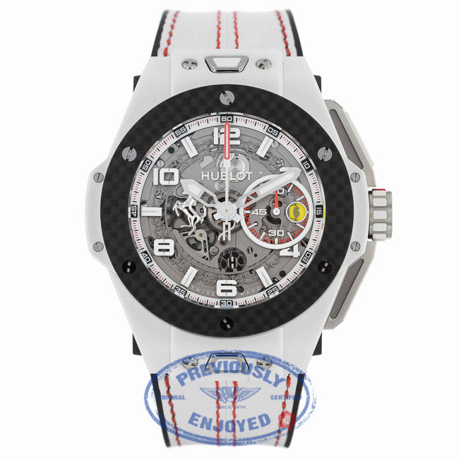 Hublot Big Bang Ferrari Chronograph 45MM Automatic Ceramic Skeleton Dial White Leather Strap 401.HQ.0121.VR 12W6MQ - Beverly Hills Watch Company