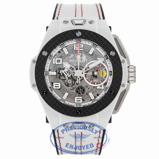 Hublot Big Bang Ferrari Chronograph 45MM Automatic Ceramic Skeleton Dial White Leather Strap 401.HQ.0121.VR 12W6MQ - Beverly Hills Watch Company
