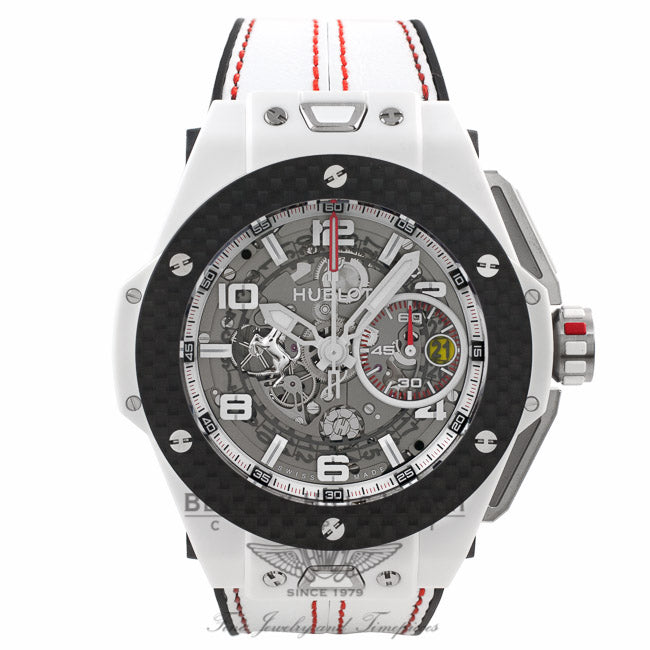 Hublot Big Bang Ferrari Chronograph 45MM Automatic Ceramic Skeleton Dial White Leather Strap 401.HQ.0121.VR ACYJ30 - Beverly Hills Watch Company Watch Store