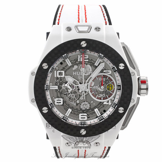 Hublot Big Bang Ferrari Chronograph 45MM Automatic Ceramic Skeleton Dial White Leather Strap 401.HQ.0121.VR ACYJ30 - Beverly Hills Watch Company Watch Store