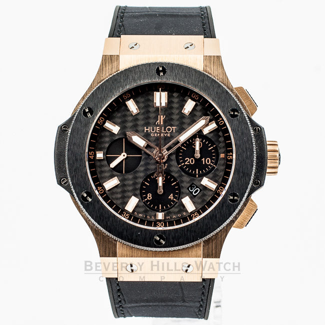 Hublot Big Bang Rose Gold 44mm Case Black Rubber Strap Carbon Fiber Dial Chronograph Watch 301.PM.1780.RX Beverly Hills Watch Company Watch Store