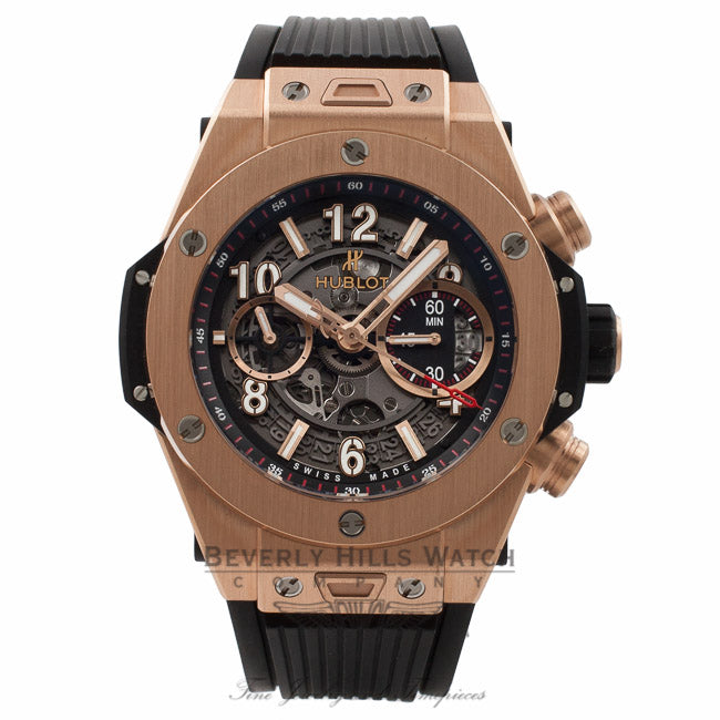 Hublot Big Bang Unico Chronograph 45MM Titanium Rose Gold Skeleton Dial Rubber Strap 411.OX.1180.RX 2D4KY3 - Beverly Hills Watch Store