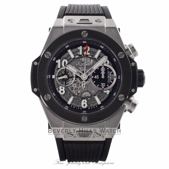 Hublot Big Bang Unico Chronograph 45MM Titanium Ceramic Bezel Skeleton Dial Rubber Strap 411.NM.1170.RX AE1JDU  - Beverly Hills Watch Store