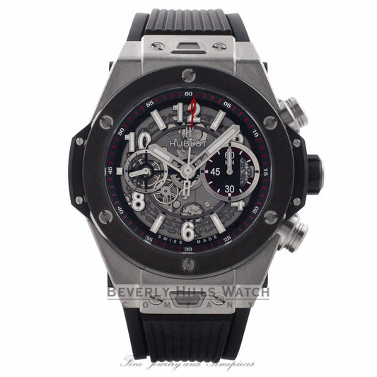 Hublot Big Bang Unico Chronograph 45MM Titanium Ceramic Bezel Skeleton Dial Rubber Strap 411.NM.1170.RX AE1JDU  - Beverly Hills Watch Store