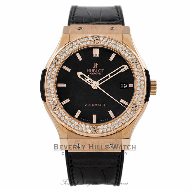 Hublot Classic Fusion 45MM 18k Rose Gold Diamond Bezel Matte Black Dial 511.PX.1180.LR.1104 3IHDB6 - Beverly Hills Watch Company Watch Store