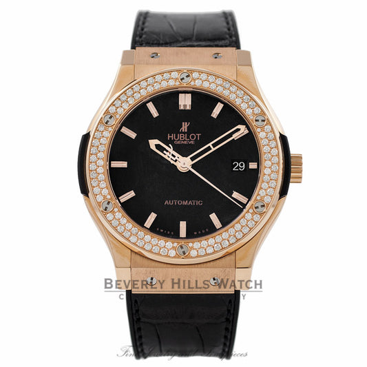 Hublot Classic Fusion 45MM 18k Rose Gold Diamond Bezel Matte Black Dial 511.PX.1180.LR.1104 3IHDB6 - Beverly Hills Watch Company Watch Store