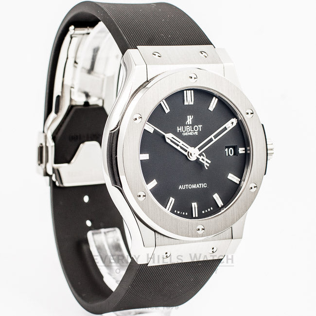 Hublot Classic Fusion Titanium Case/Bezel 45mm Black Rubber Strap Black Dial Watch 511.NX.1170.RX Beverly Hills Watch Company Watch Store