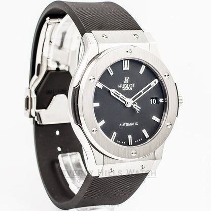 Hublot Classic Fusion Titanium Case/Bezel 45mm Black Rubber Strap Black Dial Watch 511.NX.1170.RX Beverly Hills Watch Company Watch Store