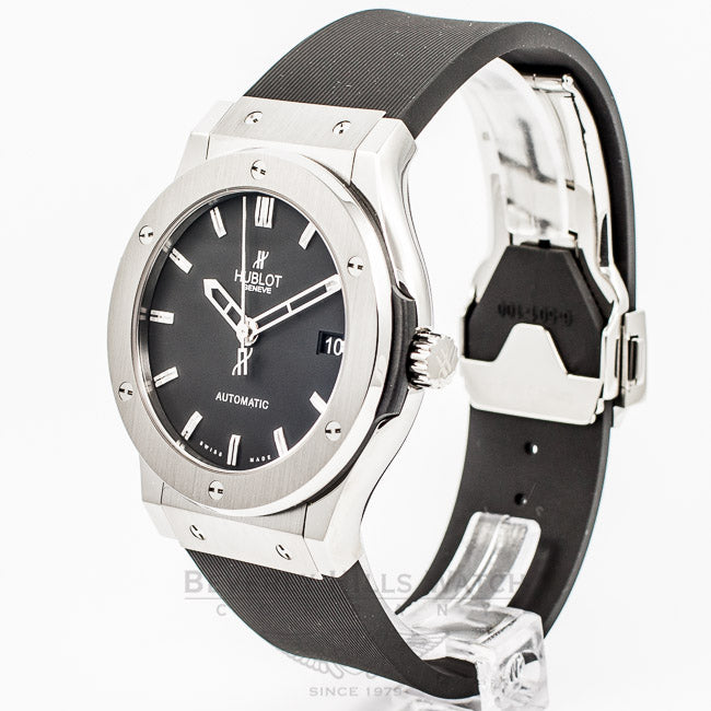 Hublot Classic Fusion Titanium Case/Bezel 45mm Black Rubber Strap Black Dial Watch 511.NX.1170.RX Beverly Hills Watch Company Watch Store