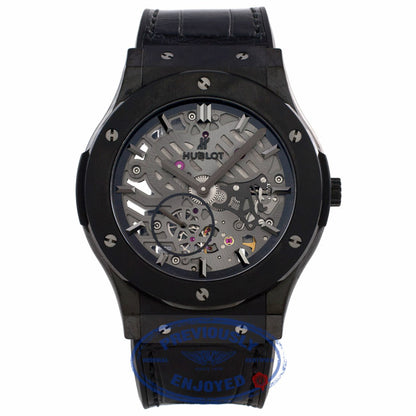 Hublot Classic Fusion Ultra Thin 45MM Ceramic Titanium Skeleton Dial Black Alligator Rubber Strap 515.CM.0140.LR E5JWH7 - Beverly Hills Watch Company Watch Store