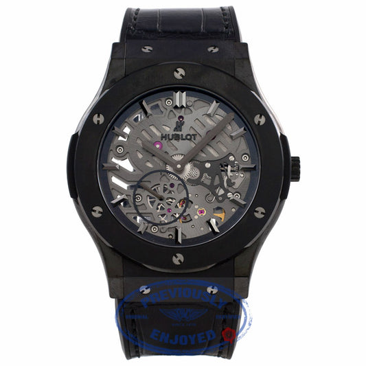 Hublot Classic Fusion Ultra Thin 45MM Ceramic Titanium Skeleton Dial Black Alligator Rubber Strap 515.CM.0140.LR E5JWH7 - Beverly Hills Watch Company Watch Store