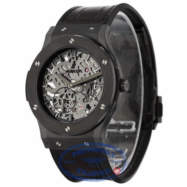 Hublot Classic Fusion Ultra Thin 45MM Ceramic Titanium Skeleton Dial Black Alligator Rubber Strap 515.CM.0140.LR NPQVY6 - Beverly Hills Watch Company