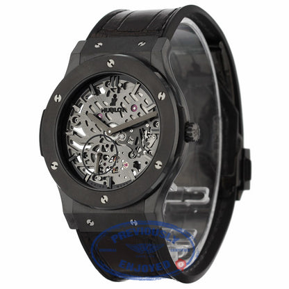 Hublot Classic Fusion Ultra Thin 45MM Ceramic Titanium Skeleton Dial Black Alligator Rubber Strap 515.CM.0140.LR NPQVY6 - Beverly Hills Watch Company