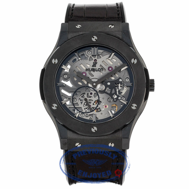 Hublot Classic Fusion Ultra Thin 45MM Ceramic Titanium Skeleton Dial Black Alligator Rubber Strap 515.CM.0140.LR NPQVY6 - Beverly Hills Watch Company