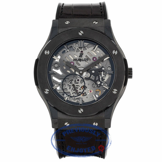 Hublot Classic Fusion Ultra Thin 45MM Ceramic Titanium Skeleton Dial Black Alligator Rubber Strap 515.CM.0140.LR NPQVY6 - Beverly Hills Watch Company